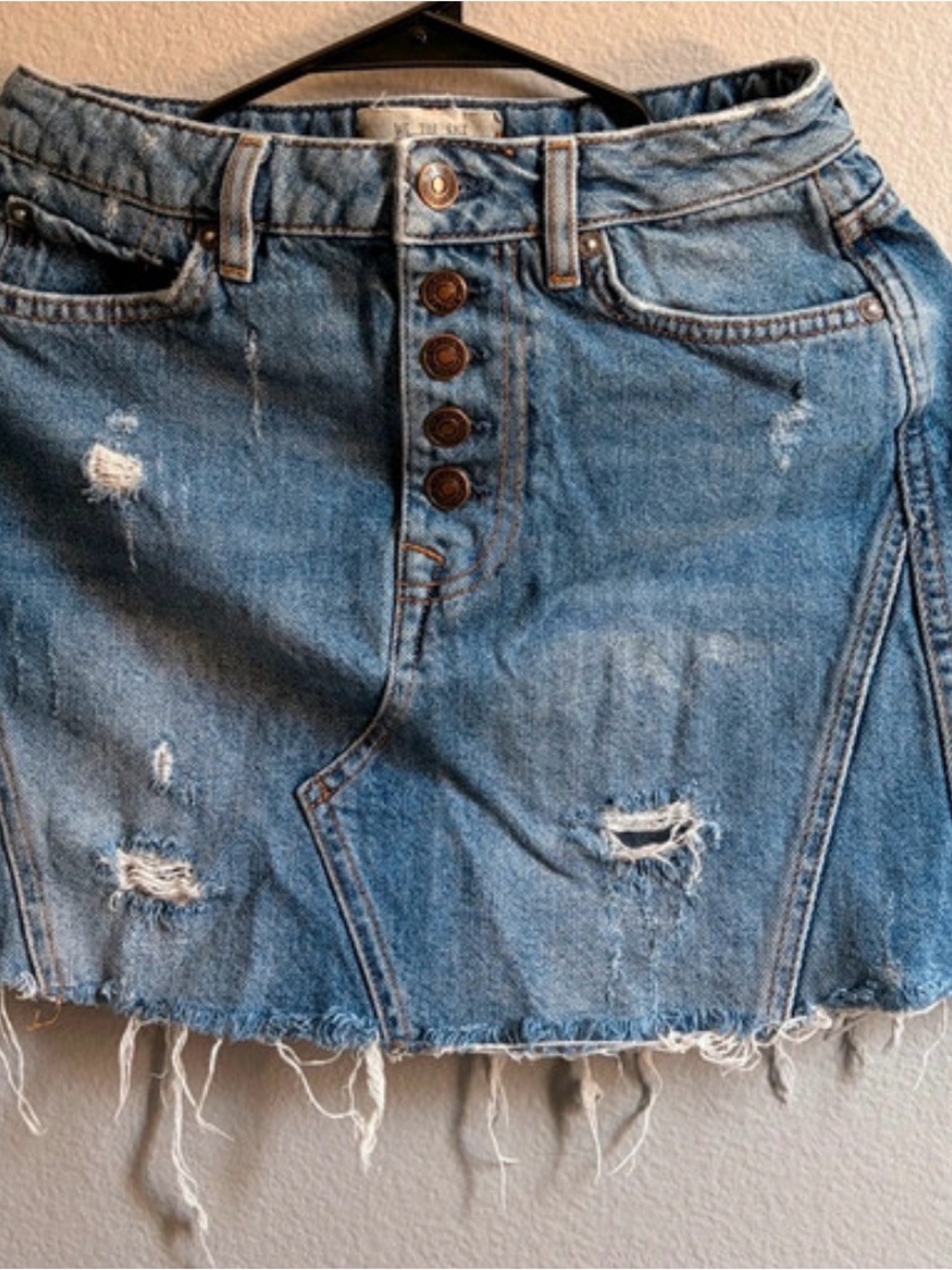 We The Free Light Blue Distressed Denim Button-Front Mini Skirt